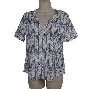 Fifty Street V-Neck Top 1/4 Zipper Women Size S White Navy Geometric Short Slv